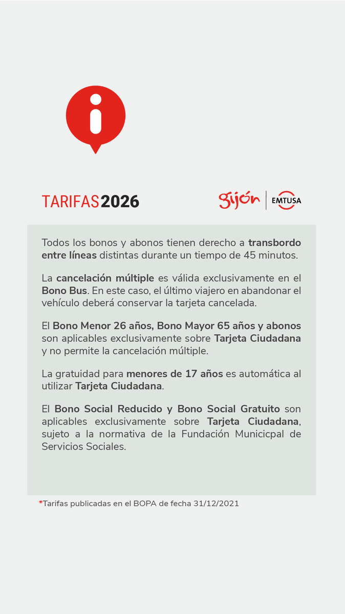 GijonBus's tweet photo. #InfoEmtusa
T A R I F A S 2 0 2 6
‼️A partir del 1 enero seguimos con las mismas tarifas.
Seguimos trabajando por un servicio público de transporte urbano y sostenible.
#EMTUSAconecta https://t.co/0VbvyJMrtV