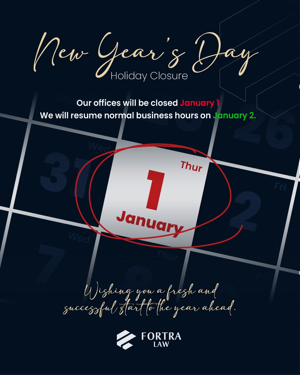 Our office will be closed on January 1 in observance of New Years Day. We will resume normal business hours on January 2. Wishing you a fresh and successful start to the year ahead.