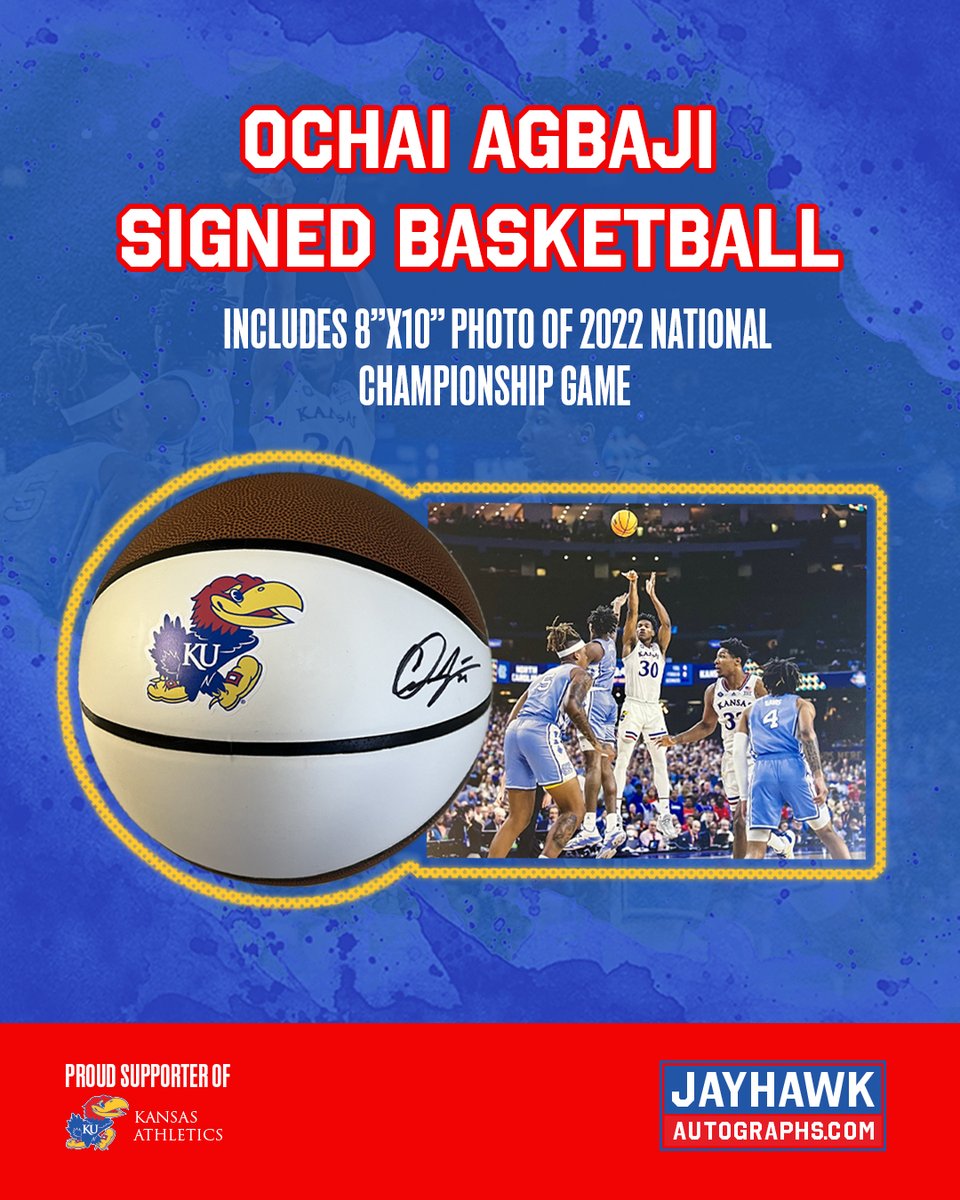 Championship legacy meets collector gold 🏆

Own an authentic Ochai Agbaji autographed basketball, plus receive a FREE 8×10 photo with your purchase. 

Perfect gift for the holidays, click to buy today: jayhawkautographs.com/product/ochai-…