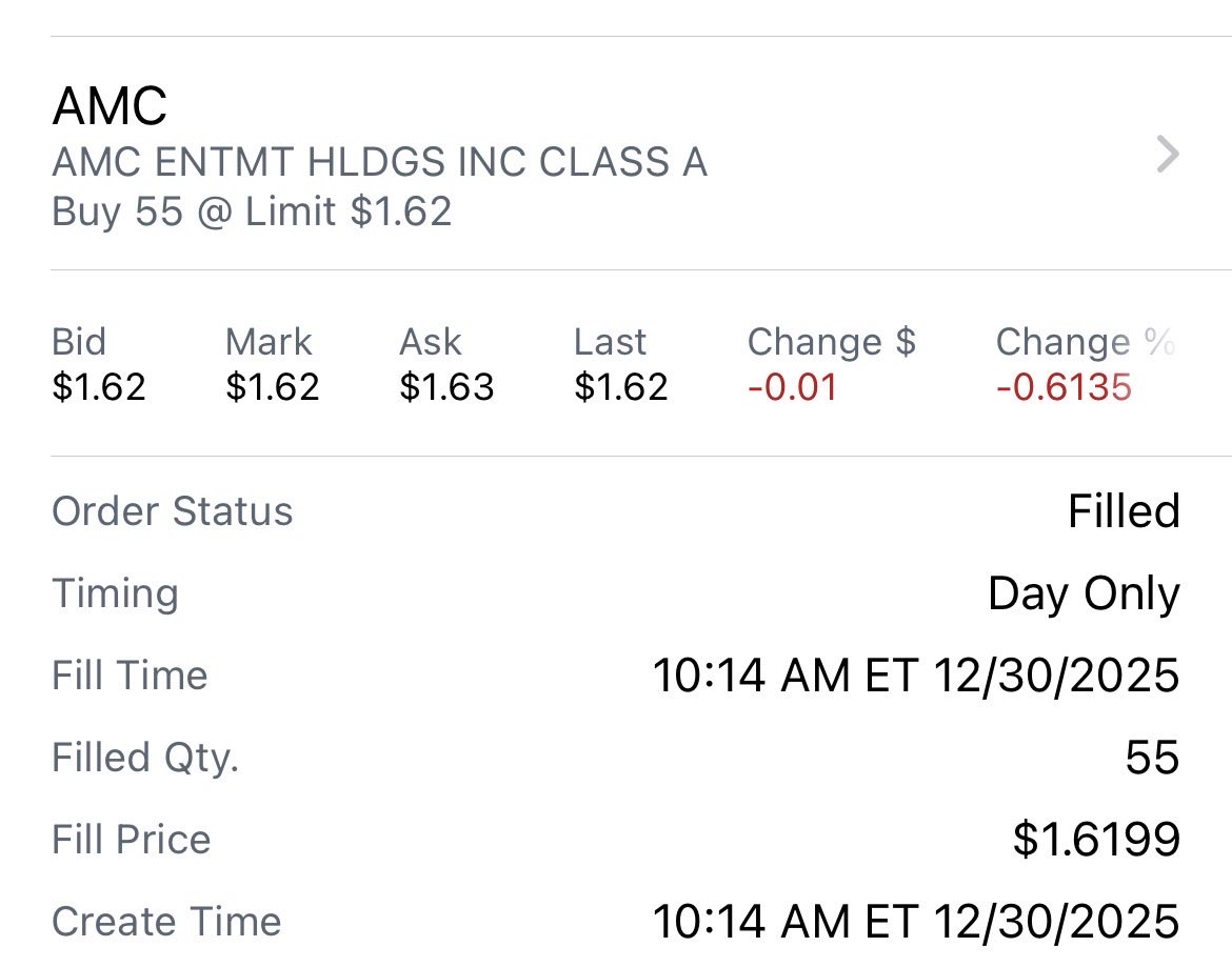 Forgot I grabbed a few more $AMC shares this morning, per another account I have, which had some funds left over. 😁

$AMC always and forever!!!