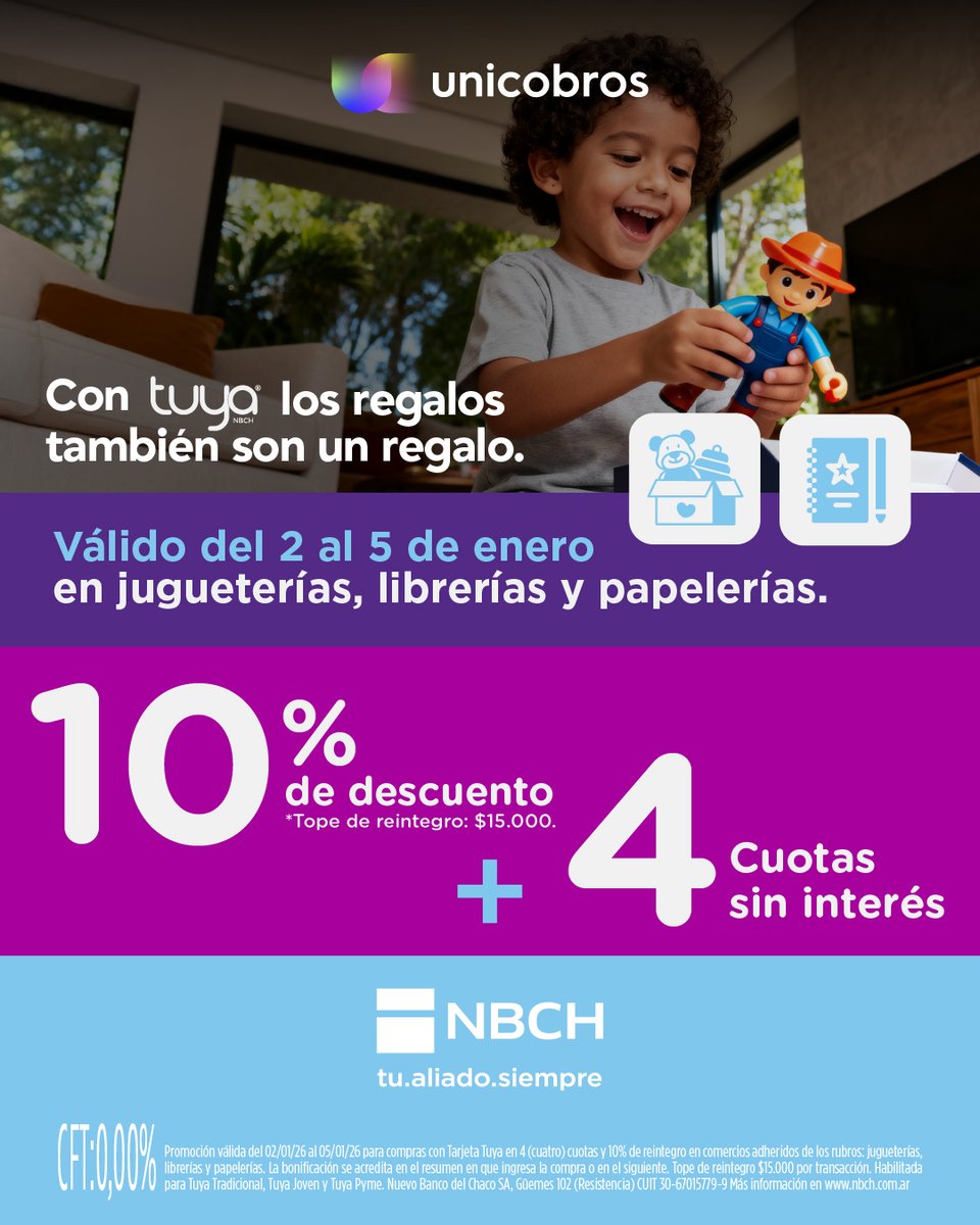 🎁✨ Este Reyes, tus ventas también reciben un regalo
Sumate a la promo de Tarjeta Tuya NBCH y ofrecé a tus clientes un beneficio que eligen.

🧸📚 Promo válida del 2 al 5 de enero.

🚀 Más opciones de pago, más oportunidades de venta.

#Unicobros
