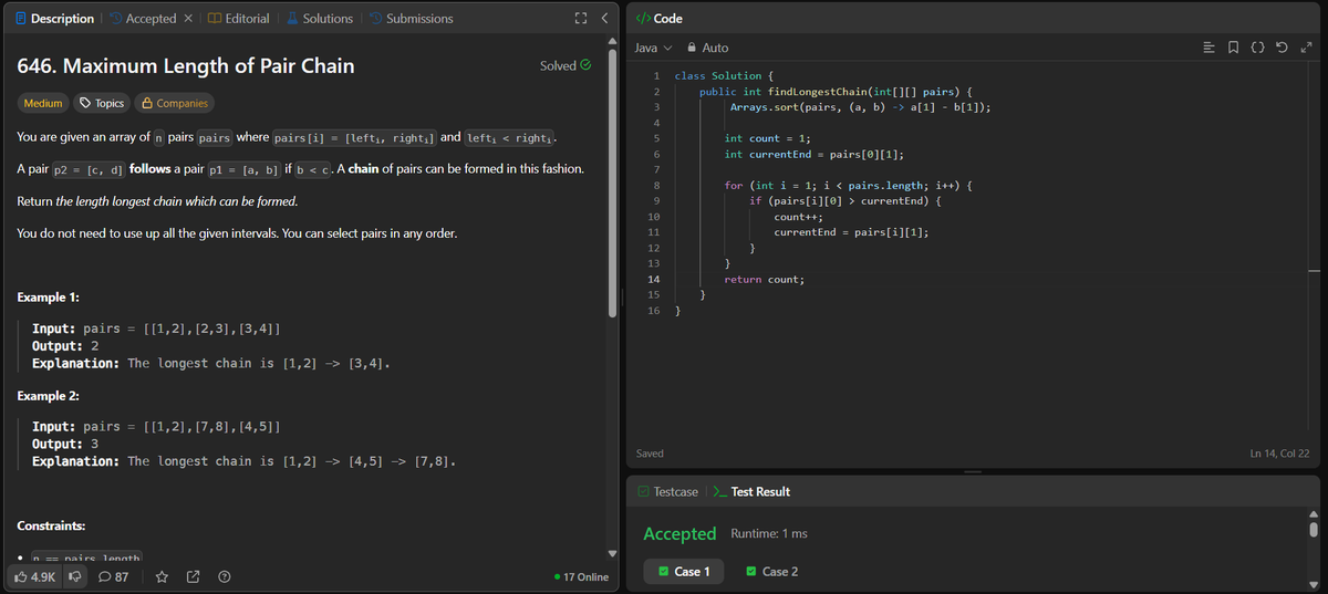 rituu_09's tweet image. Day 364 of 2025:                                   
👩‍💻 Code to Crack Companies!                                  
▫️Assign Cookies
▫️Maximum Length of Pair Chain
#placementprep #2025Goals #leetcode #letsconnect