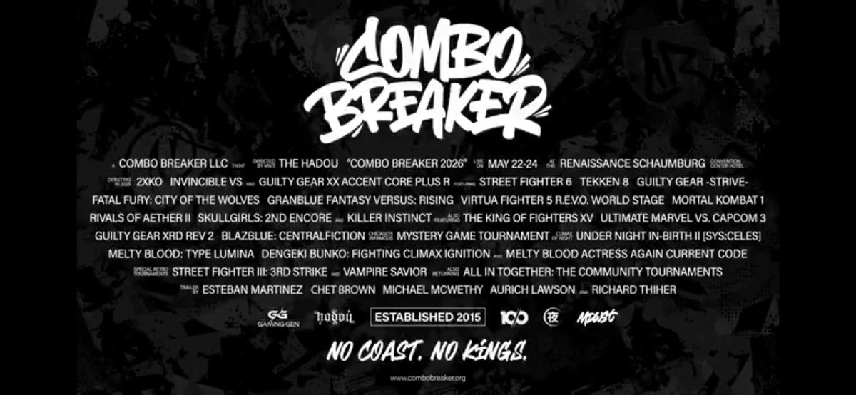 Combo Breaker 2026 takes place May 22-24, 2026 at the Schaumburg Convention Center in Illinois.

Games Includes:
- GG Strive / Xrd Rev 2 / +R
- GBVSR
- UNI2
- BBCF
- SG: 2nd Encore
- DFCI
- MBTL / MBAACC
