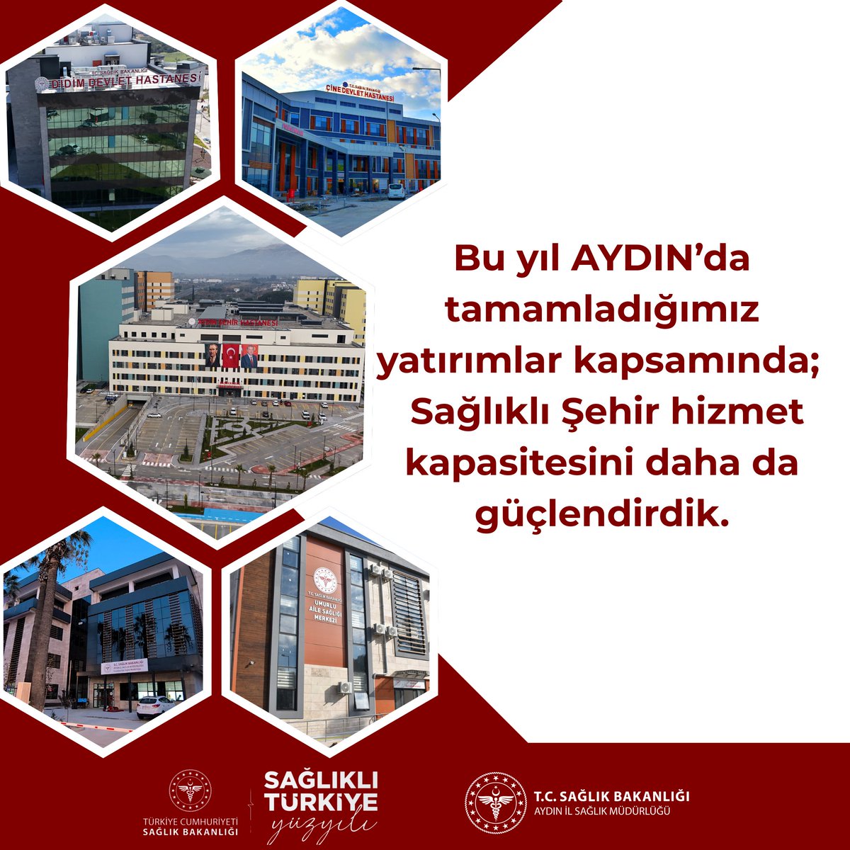 Bu yıl AYDIN’da tamamladığımız yatırımlar kapsamında;
✅ Didim Devlet Hastanesi Ek Binası (75 yataklı),
✅ Çine İlçe Devlet Hastanesi (75 yataklı),
✅ Kuşadası Toplum Sağlığı Merkezi + Sağlıklı Hayat Merkezi + Aile Sağlığı Merkezi + 112 Acil Sağlık Hizmetleri İstasyonu,
✅ Umurlu