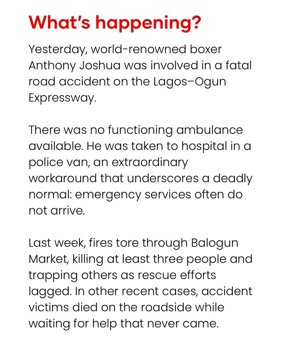 wearegst's tweet image. Life or death emergencies in Nigeria often leads to death. 

From poor infrastructure to poor emergency response, citizens are surviving on luck.