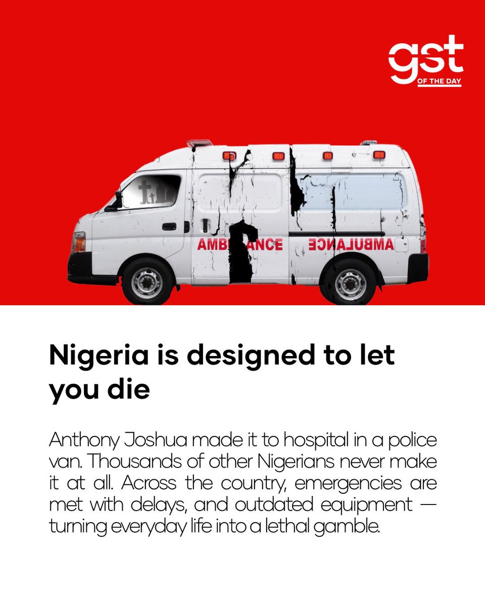 wearegst's tweet image. Life or death emergencies in Nigeria often leads to death. 

From poor infrastructure to poor emergency response, citizens are surviving on luck.