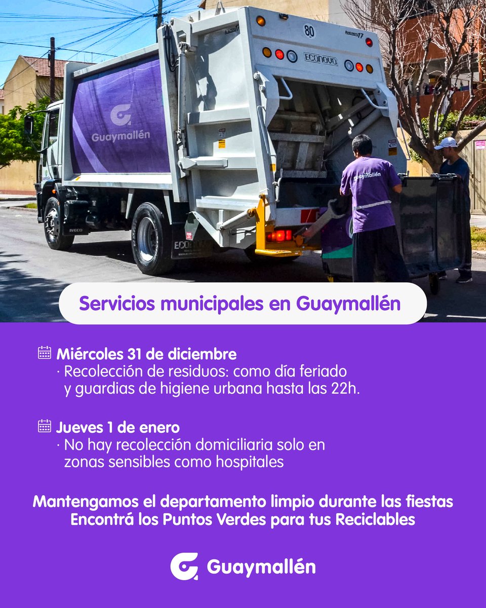 Informamos el funcionamiento de los servicios municipales en Año Nuevo
👉🏻31/12: recolección con modalidad de feriado.
👉🏻01/01: no habrá recolección domiciliaria, con refuerzos en sectores prioritarios.
Higiene urbana con guardias activas.

📲Puntos Verdes: residuosreciclables.guaymallen.gob.ar/puntos-de-rece…