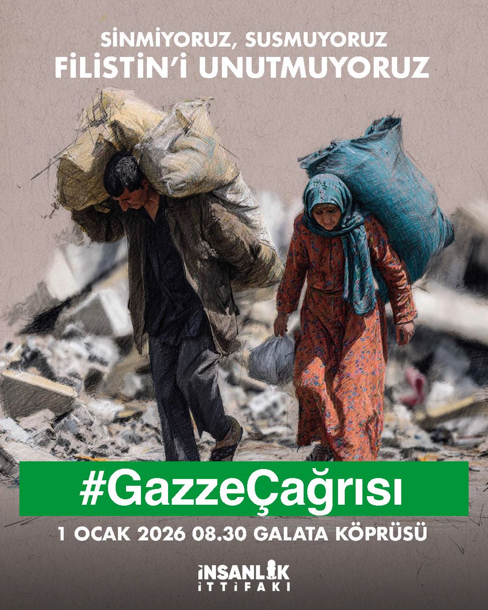 Sinmiyoruz. Susmuyoruz. Filistin’i unutmuyoruz. 1 Ocak sabahı Galata’da buluşup bunun arkasında duruyoruz. Gel, yanında duralım.
 #GazzeÇağrısı
📍 Galata Köprüsü
🗓 1 Ocak 2026
⏰ 08.30