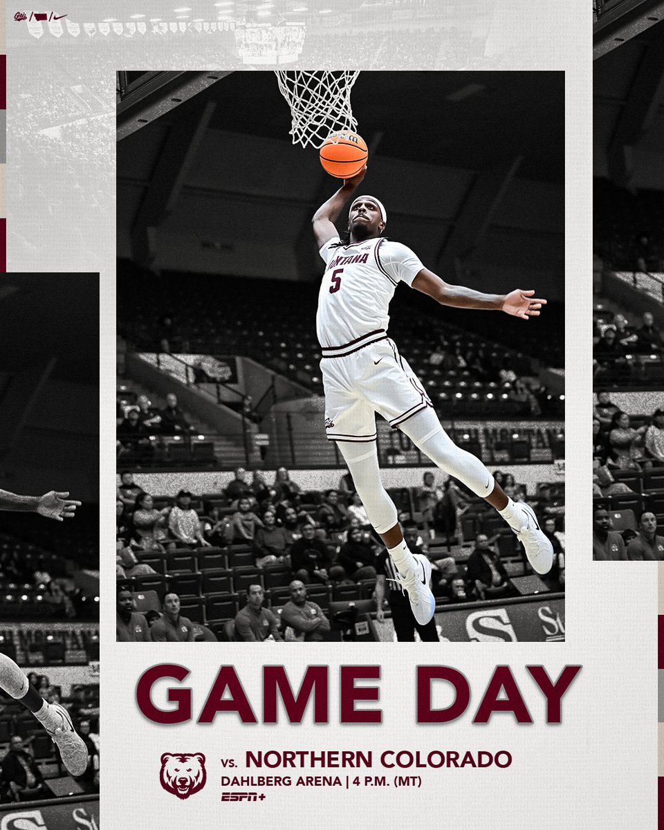𝙂𝘼𝙈𝙀 𝘿𝘼𝙔
We'll see you this afternoon!

🆚 Northern Colorado
🕗 4 p.m.
🎟️ bit.ly/3QEIzpa
💻 bit.ly/3VApMdU
📻 bit.ly/3RlSUr0
📊 gogriz.com/livestats

#GrizHoops #BigSkyMBB #GoGriz