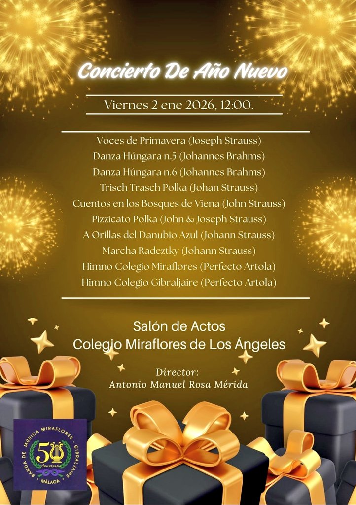 El próximo viernes celebraremos el segundo evento del Programa de Actos de nuestro 50 Aniversario Fundacional.

CONCIERTO DE AÑO NUEVO 
Viernes 2 Enero, 12h.
Salón de Actos del Colegio Miraflores de los Ángeles.

#SuenaMiraflores
#50AniversarioMiraflores