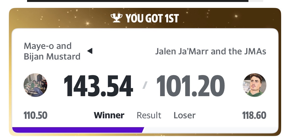 I know nobody cares about your fantasy league, but I just won my high school league for the first time (18 years) and my college league for the first time (12 years)

Can’t tell me NOTHING 🏆