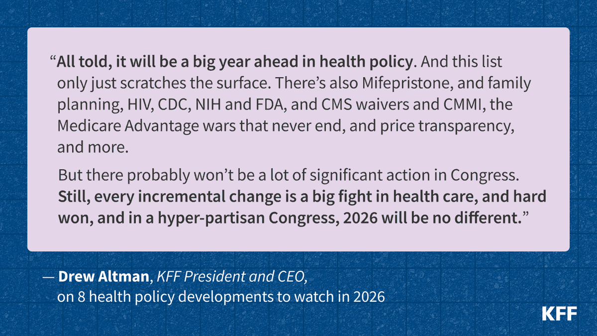KFF's tweet image. As 2025 winds down, what health policy developments are worth watching next year? 
 
KFF’s @DrewAltman forecasts 8 developments that will really matter for people, policy, and politics in 2026. Read more: on.kff.org/4pyk8Jm