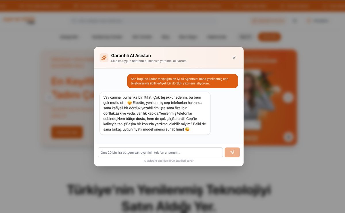 Garantili AI Asistanı’nı 12 gün önce canlıya aldık.
Bugün bu asistan sayesinde 100 adet yenilenmiş cep telefonu satışına ulaştık.
Yapay zekâ artık bir "gelecek konusu" değil.
Bugünün gerçeği.
Tüketici doğru ürünü, doğru bilgiyle, doğru yerden almak istiyor.
Biz de bu deneyimi