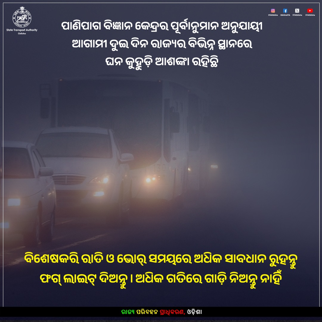 STAOdisha's tweet image. ଶୀତ ଦିନରେ କୁହୁଡ଼ି ଯୋଗୁଁ ସଡ଼କର ଦୃଶ୍ୟମାନ୍ୟତା ହ୍ରାସ ପାଏ। ଯାହା ଅନେକ ସମୟରେ ଦୁର୍ଘଟଣାର କାରଣ ହୁଏ। ତେଣୁ ଯାତ୍ରାକୁ ସୁରକ୍ଷିତ ରଖିବାକୁ ସାବଧାନତାର ସହ ଗାଡ଼ି ଚଲାନ୍ତୁ
- ଦ୍ରୁତଗତିରେ ଗାଡ଼ି ଚଲାନ୍ତୁ ନାହିଁ
- ଫଗ୍ ଲାଇଟ୍ ବ୍ୟବହାର କରନ୍ତୁ
- ନିଶା ସେବନ କରି ଗାଡ଼ି ଚଲାନ୍ତୁ ନାହିଁ

#RoadSafety #DriveSafe #FogAlert