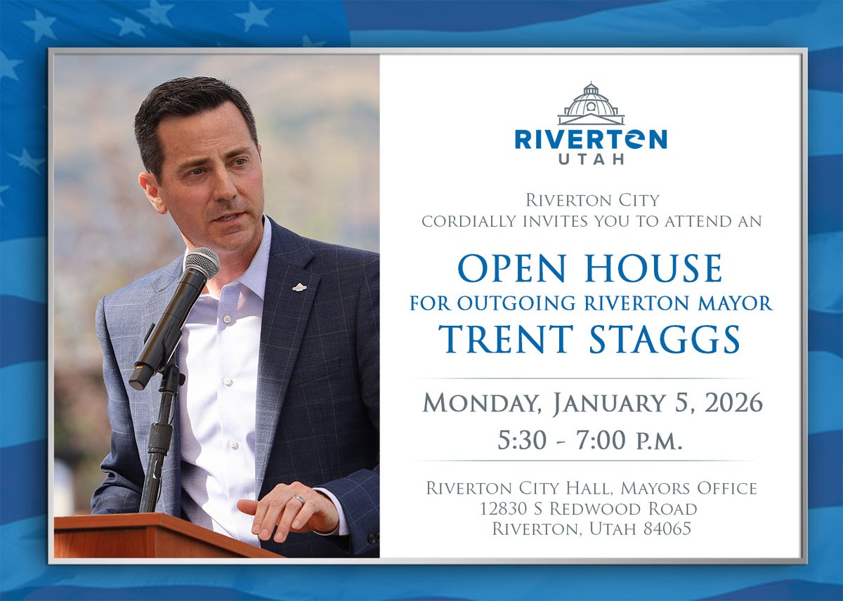 Please join us Monday from 5:30–7 p.m. for an open house recognizing outgoing Riverton Mayor <a href="/MayorStaggs/">Mayor Trent Staggs</a> as he concludes his service to Riverton City.