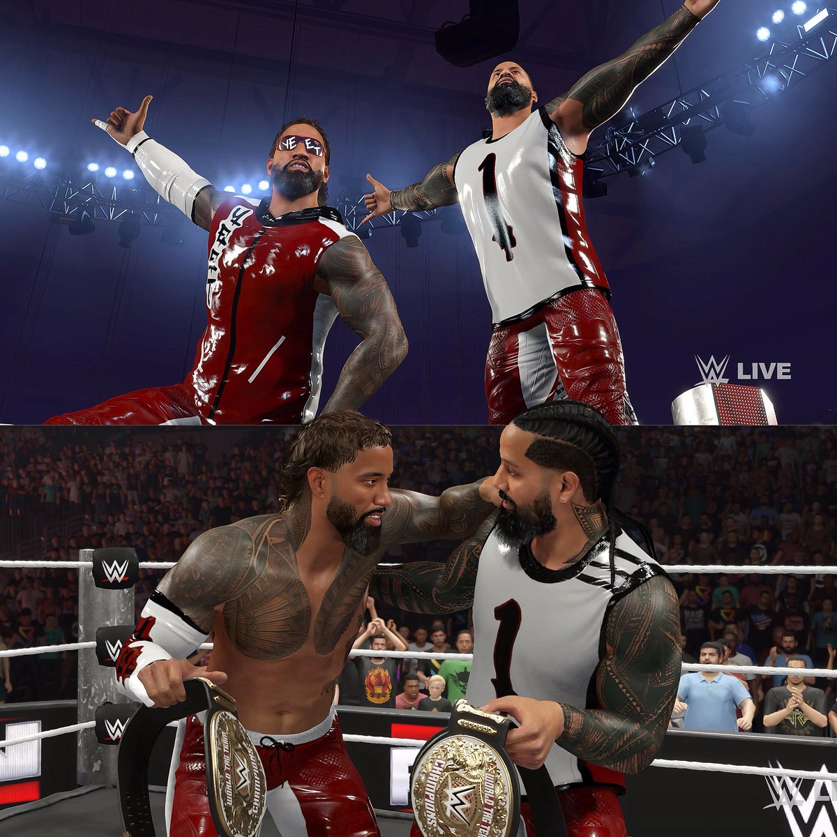 SoyElRuu's tweet image. THE USOS 12.29

Is up NOW on #WWE2K25 CC
Tags: JeyUso, JimmyUso, RAW, soyelruu

Updates:
Neck tattoo, hair color, beards. #WWERaw 12.29.25 gears. 

*NO DLC NEEDED. CROSS PLATFORMS 

YEEEEEEET
😎🙌