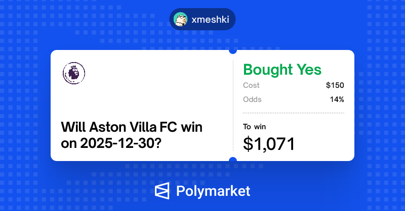 I just put my money where my mouth is on <a href="/Polymarket/">Polymarket</a>.

Trade against me: poly.market/dSeWe2e 

Praying for Villa! 🕯️