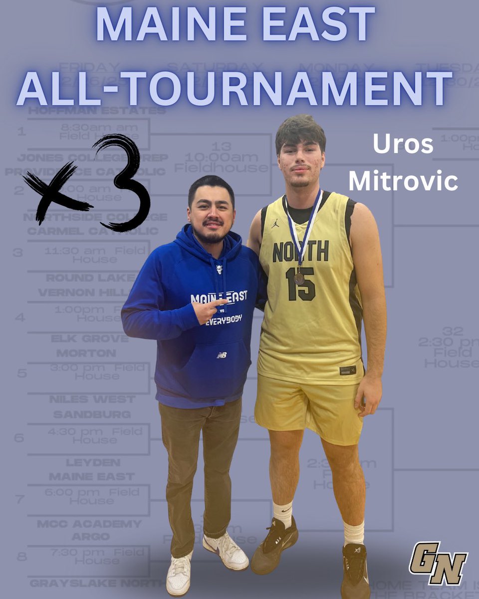 GNHSboyshoops's tweet photo. For the third year in a row, Uros Mitrovic has been named to the Maine East All-Tournament Team. Uros capped off his final game at Maine East with his second 21 point performance of the tournament. Thank you to Sergio and Maine East for hosting another great tournament! https://t.co/vh2tdn0WNk