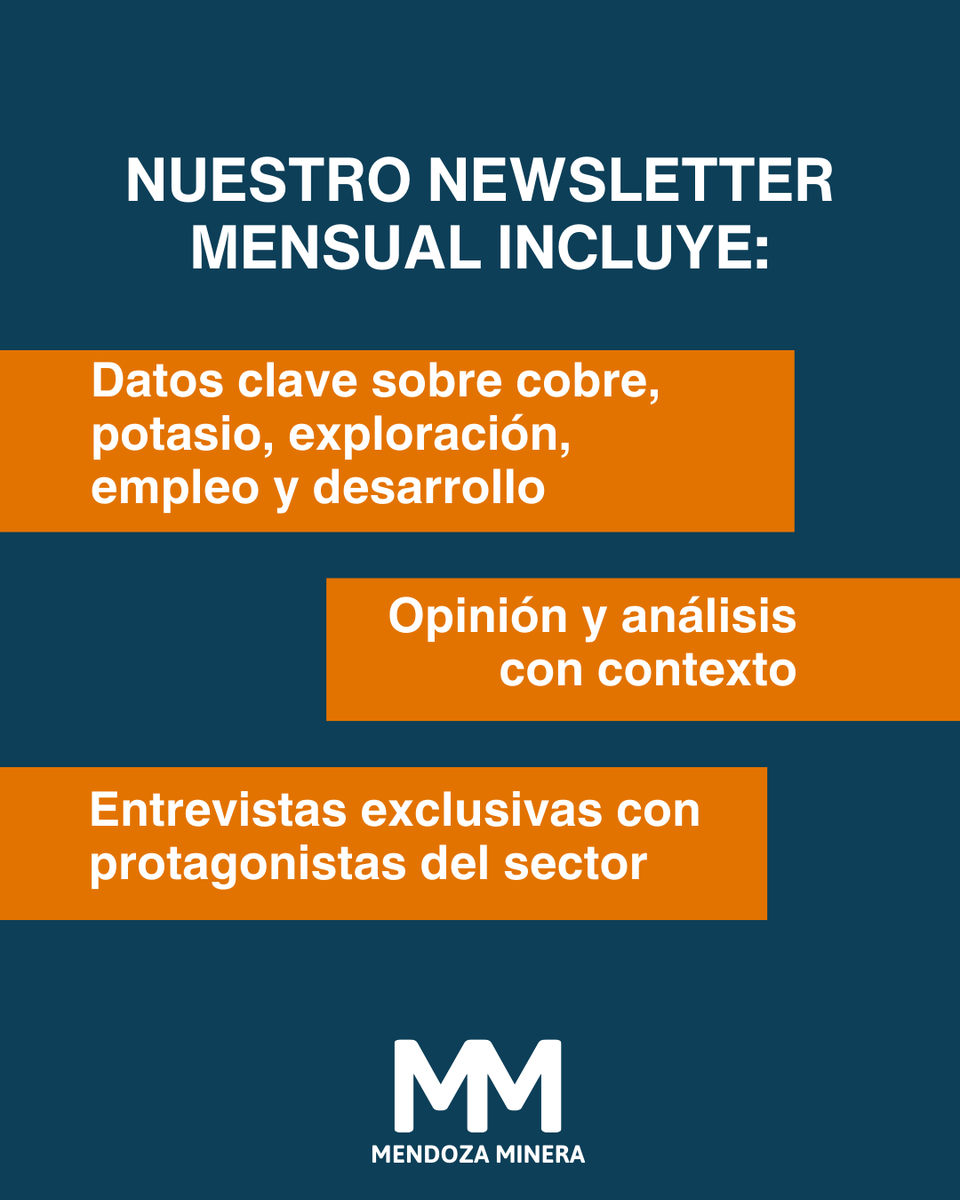 📰 Nuestro newsletter mensual incluye:
📌 Datos clave sobre cobre, potasio, exploración, empleo y desarrollo
 🎙️ Entrevistas exclusivas con protagonistas del sector
 🧠 Opinión y análisis con contexto