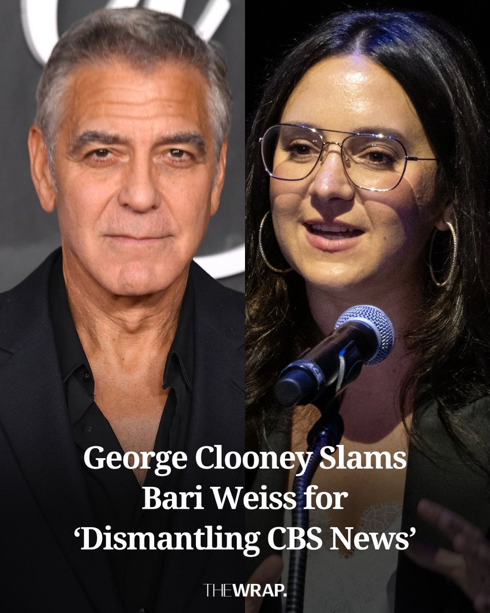 TheWrap's tweet image. #GeorgeClooney spoke up about #BariWeiss' short, turbulent run as the big boss at #CBSNews, saying that as much as he worries about the movie business, "My primary loyalty is to my country. I’m much more worried about how we inform ourselves and how we’re going to discern reality