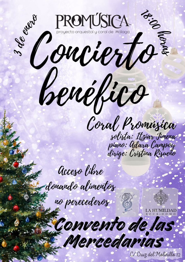 🙏🏻 #OBRASOCIAL |

Este sábado, 3 de enero, colaboramos en un concierto solidario organizado por las Hermanas Mercedarias en el Convento del Molinillo.

📍 C/ Cruz del Molinillo, Málaga
🥫 Aporta alimentos no perecederos  
⏰ 18:00 h

Ven y colabora, ¡te esperamos! 🌟