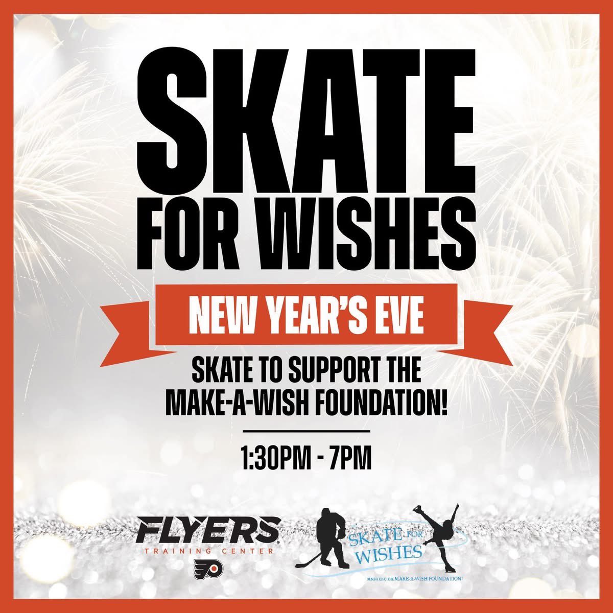 Join us TOMORROW on New Year’s Eve at Skate for Wishes!

Half of every admission benefits the Make-A-Wish Foundation.

Stop in for 3 public skating sessions:
⛸️ 1:30pm-3pm
⛸️ 3:30pm-5pm
⛸️ 5:30pm-7pm

Register early at: bit.ly/4avMdJY