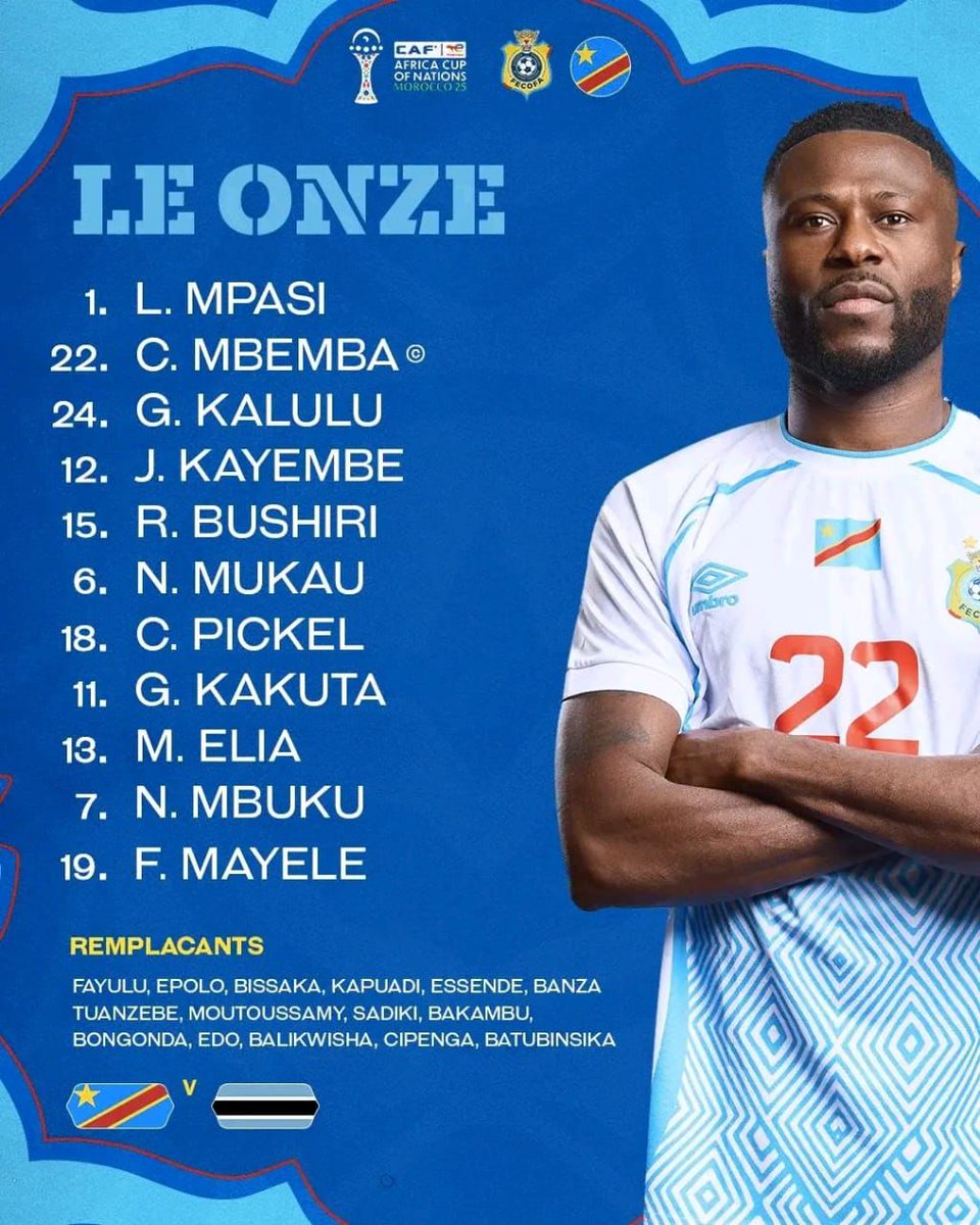 🚨RDC - BOTSWANA : Voici le Onze de départ de la RDC avec 7 changements par rapport au match contre le Sénégal.