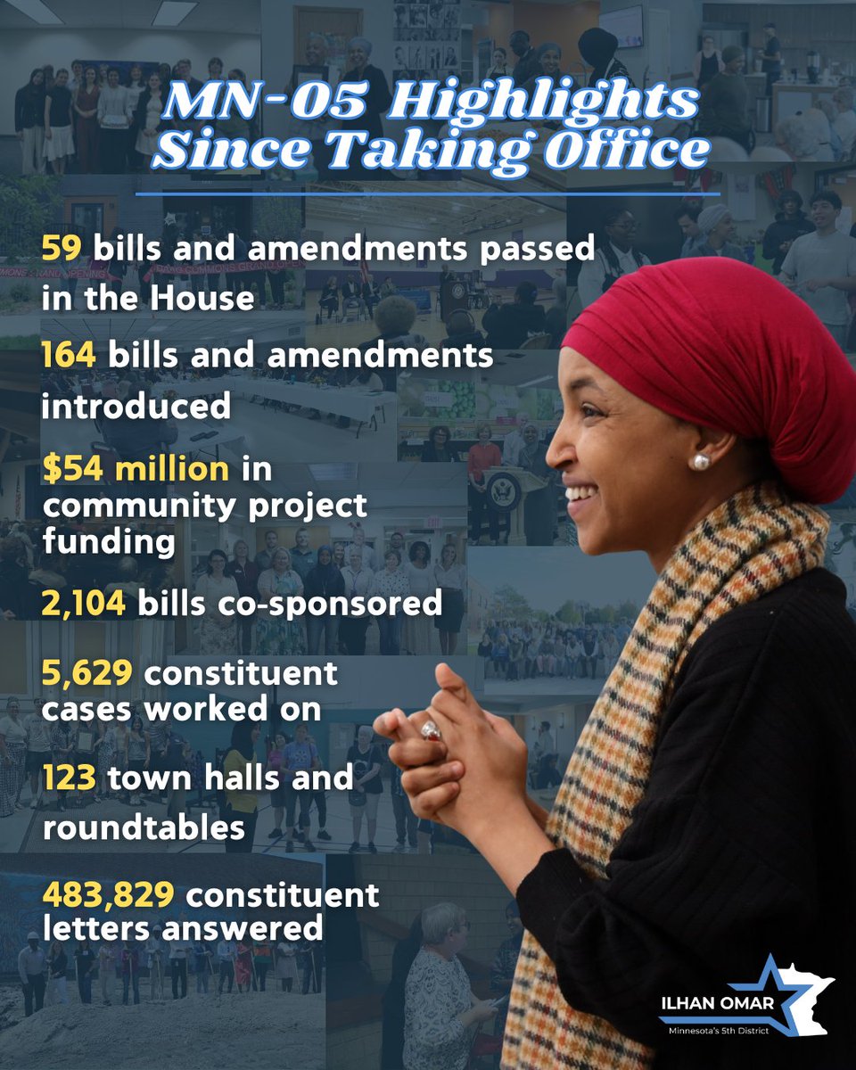 Ilhan's tweet image. I'm grateful every day to represent the people of Minnesota's Fifth District. 💙

I came to Congress on a promise of cogovernance and it's been my honor to work with you all to deliver these wins for Minnesota. Together, we're building a brighter future for our communities! 💪🏽