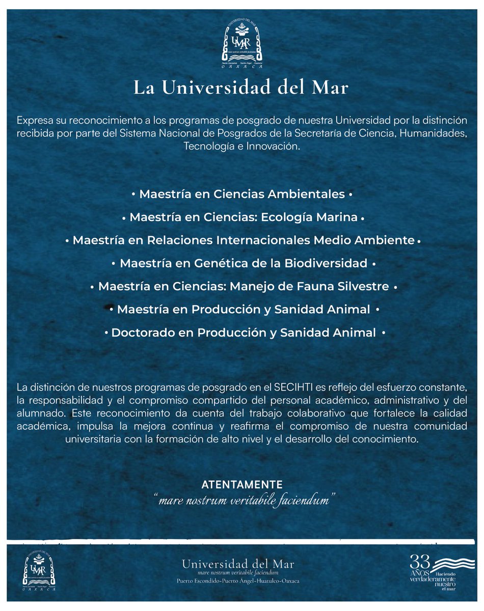 La Universidad del Mar recibió por parte del Sistema Nacional de Posgrados, de la Secretaría de Ciencias, Humanidades, Tecnología e Innovación (SECIHTI), el reconocimiento a sus #Maestrías y #Doctorado.
.
.
#UMAR #Convocatoria #Ciencia #2025 Secretaría de Educación Pública