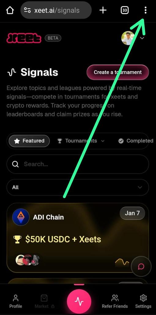 gkmustafa13's tweet image. How to install @xeetdotai App :

1) Go to Xeet.ai Web in Chrome 
2) Click on upper 3 dots
3) Click on ' Add to home screen '
4) Than click on install
Done ✅ 

#Xeet #Apk  #web3