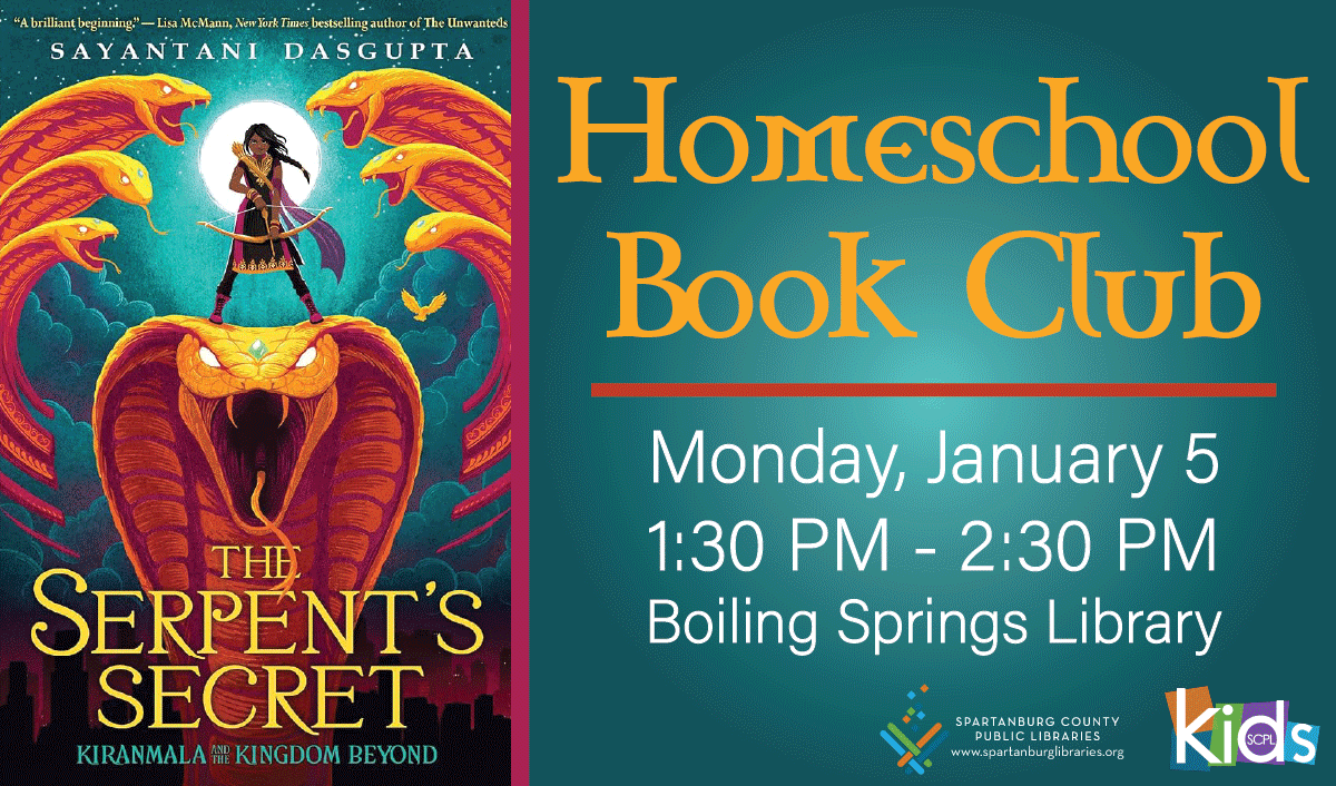 sptbglibraries's tweet image. 📚 Homeschool Book Club
Join us January 5 at 1:30 PM at Boiling Springs Library for games, activities &amp;amp; discussion of The Serpent’s Secret by Sayantani DasGupta! Ages 8–12.

#Homeschool #BookClub #LibraryLife #KidsRead #SCPL #LibraryEvents