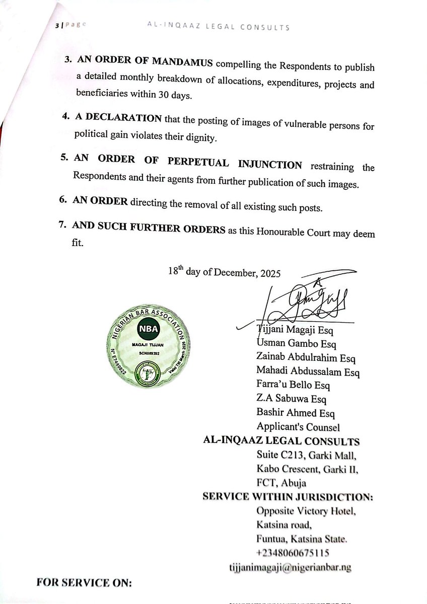 Atm4real's tweet photo. I have approached the court to seek accountability from the Funtua Local Government Chairman on allocations received since inception, and to restrain the exploitation of images of vulnerable, sick, and needy persons for political gain. Governance must be transparent and humane. https://t.co/4Xfqj2li34