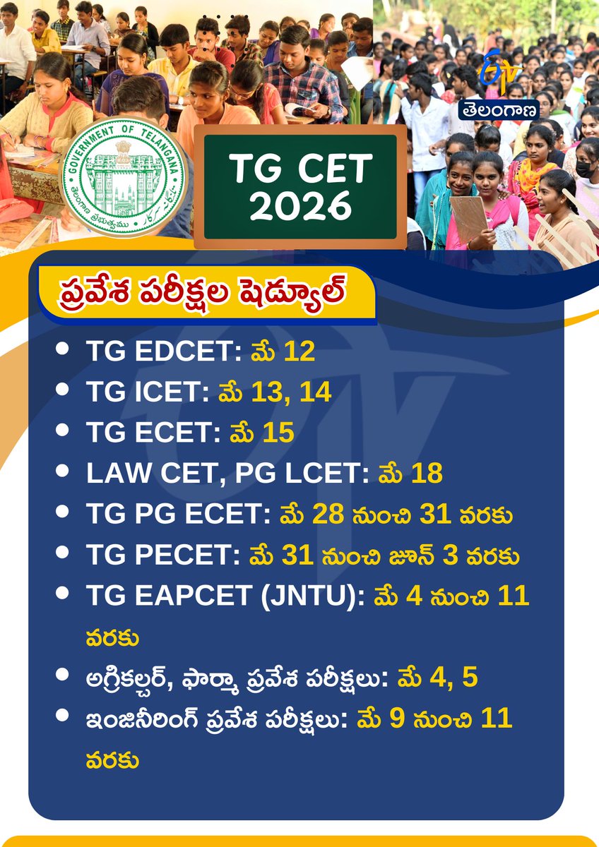 etvtelangana's tweet photo. తెలంగాణలో సెట్ పరీక్షల షెడ్యూల్ రిలీజ్
#tgcetexamshedule #tghighereducationcouncil #examdates #etvdigital https://t.co/bJJdhckmuz