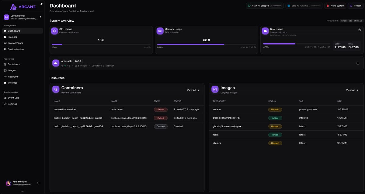 🛠️ Arcane es un gestor de contenedores Docker vía navegador web

Gestión moderna de Docker, parecido a Portainer o Komodo

Permite gestionar contenedores, volúmenes, imágenes, red, recursos, etc
github.com/getarcaneapp/a…
