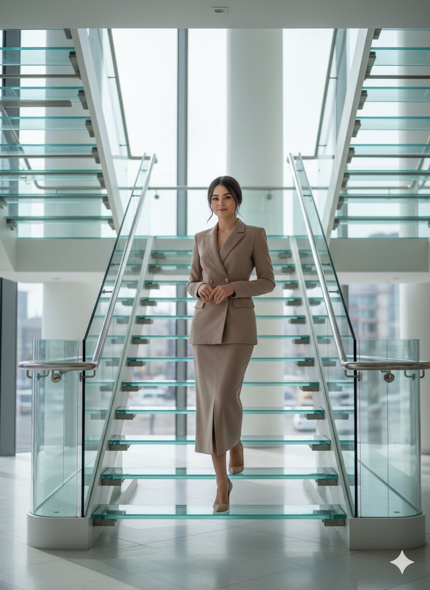 Elegance Ascending: A Glass Stairs Portrait