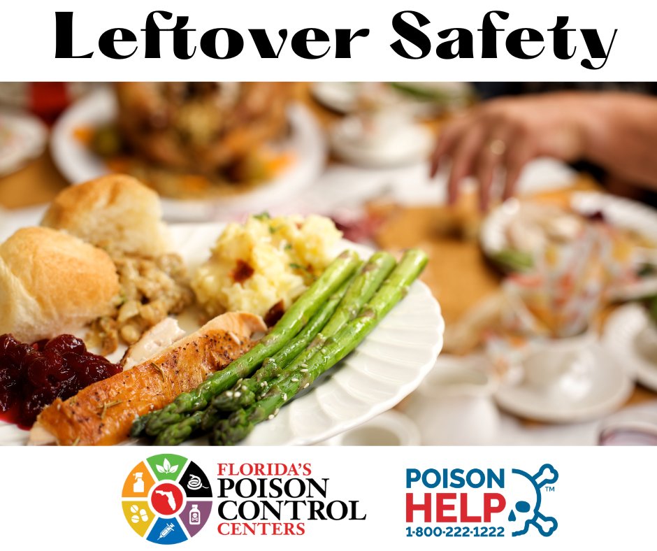 FloridaPoison's tweet image. 🍽️Still munching on #Christmas leftovers? It’s time to toss 'em. Leftovers are safest within 3-4 days, especially for the oldest and youngest family members. The germs that cause food poisoning can’t be seen or smelled! Questions about food #poisoning? Call 1-800-222-1222.