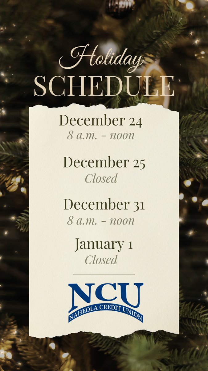naheola's tweet photo. We will close at noon tomorrow, December 31 and will reopen Friday, January 2.  We hope everyone has a safe and enjoyable New Year. https://t.co/cbz7v7JK2W