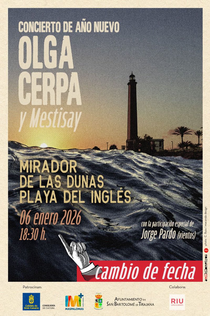 El concierto de Año Nuevo de Olga Cerpa y Mestisay en el Mirador de Las Dunas se traslada al martes, 6 de enero.
Las adversas condiciones meteorológicas que se anuncian para los próximos días en Canarias han aconsejado al Ayuntamiento de San Bartolomé de Tirajana <a href="/AytoSBT/">SanBartolomeTirajana</a>
