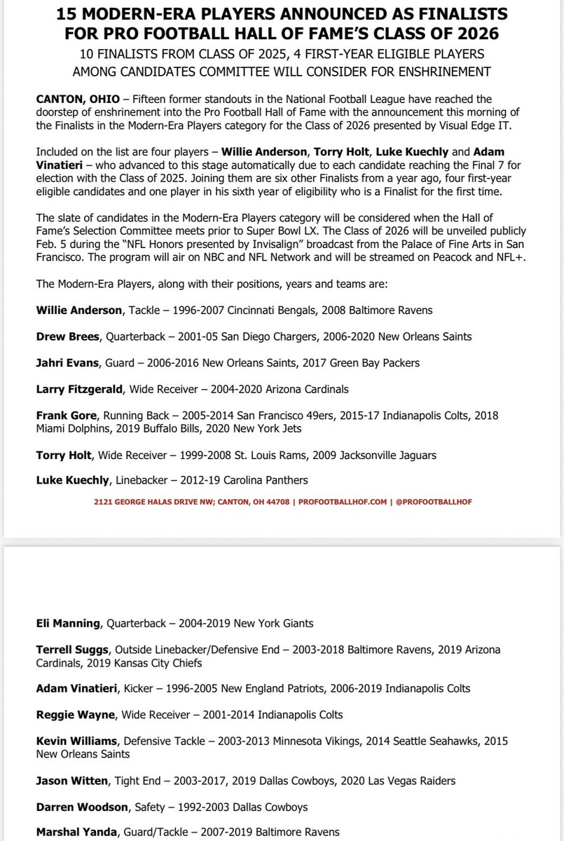 WBALPete's tweet image. Terrell Suggs and Marshal Yanda each named finalist  for Pro Football Hall of Fame 2026.