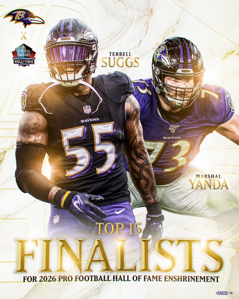 Ravens's tweet image. Terrell Suggs and Marshal Yanda are @ProFootballHOF Finalists❗
