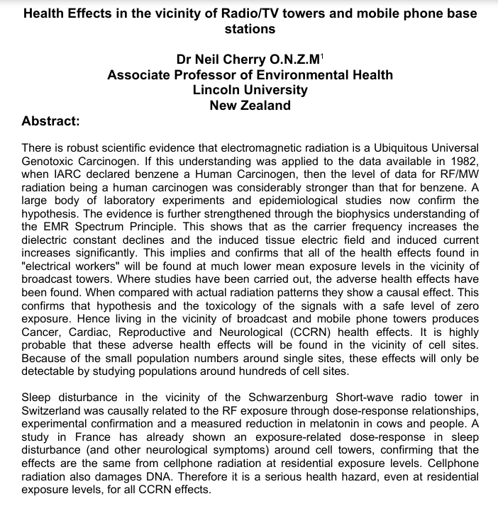 Health Effects in the vicinity of Radio/TV towers and mobile phone base stations
Thanks to Dr Neil Cherry, may he R.I.P.