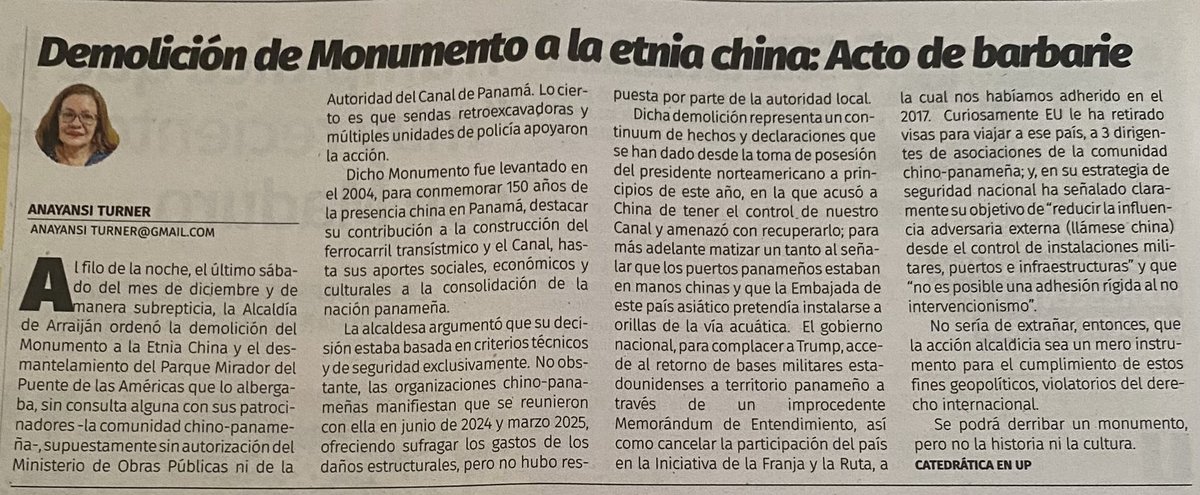 Mi artículo de hoy (30 de diciembre de 2025): “Demolición de Monumento a la Etnia China: acto de barbarie”, publicado en El Siglo
