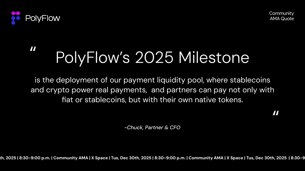 Polyflow_PayFi's tweet photo. 💡 PolyFlow’s 2025 Milestone?  
Not TGE. Not campaigns.   
It’s the year PolyFlow crossed the line from building rails to powering real payments.  

In today’s Community AMA, Chuck @Chuck_PolyFlow   made it clear why 2025 matters and how it sets up what comes next.  

A few highlights that stood out: 
• Partners can now pay with their own native tokens, not just fiat or stablecoins 
• PayFi at PolyFlow is built on payment-driven yield, not speculative DeFi mechanics 
• TGE is planned for 2026, aligned with market conditions and ecosystem readiness 
• 2026 is about scale: more merchants, more real-world use cases, and opening participation to the community  

Tap the image to see Chuck’s full quote. 
For the full context and deeper answers, listen to the AMA recording. 💜 
#PolyFlow #PayFi #Stablecoins #Web3Finance #CryptoPayments #OnChainPayments #DeFi
