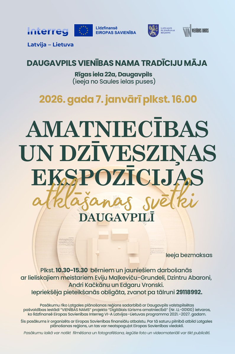 📌2026. gada 7. janvārī plkst. 16.00 Daugavpils Vienības nama Tradīciju mājā notiks Amatniecības un dzīvesziņas ekspozīcijas atklāšanas svētki🙂👏

🔗Lasi vairāk:
visitdaugavpils.lv/tradiciju-maja…

#daugavpils #pasākumidaugavpilī #visitdaugavpils #daugavpilsevents #kodarītdaugavpilī