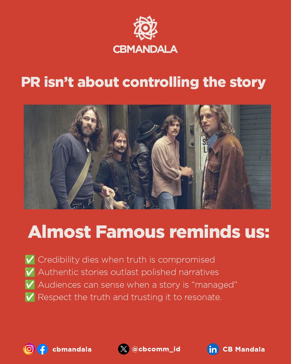 🎬 Almost Famous turns 25. Still the best take on PR 🤝 journalism.

Access as leverage.
Truth under pressure.
PR lesson?
You can’t manage honesty.

#PRagency #CBMandala #LifeasPR #CBstories #PR #AlmostFamous