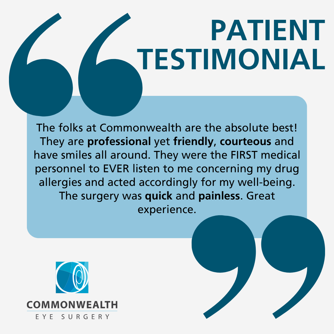At Commonwealth Eye Surgery, your care and safety come first. From listening closely to your needs to providing a smooth, comfortable surgery, our team is here to make every experience exceptional!

#TestimonialTuesday #CommonwealthEyeSurgery #CES #LexingtonKY #HappyPatient