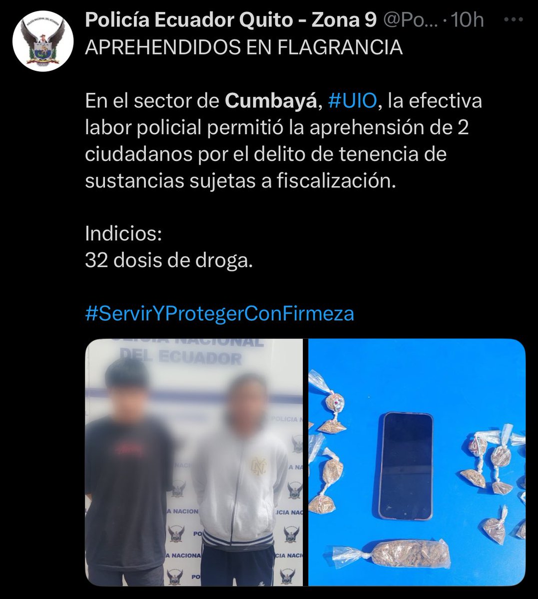 La Policía Nacional detuvo a dos ciudadanos en la parroquia de Cumbayá, por tenencia de sustancias sujetas a fiscalización. Al momento de la detención se les encontró 32 dosis.