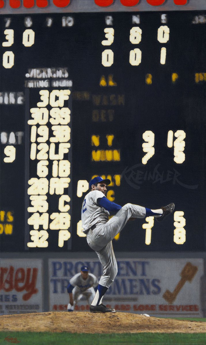 Happy 90th birthday to the incomparable Sandy Koufax. Absolutely one of the most beloved players of his (or any) era. Here's my painting of him in his wind-up at Connie Mack Stadium in early June of 1964, based on the photography of the also incomparable Walter Iooss.