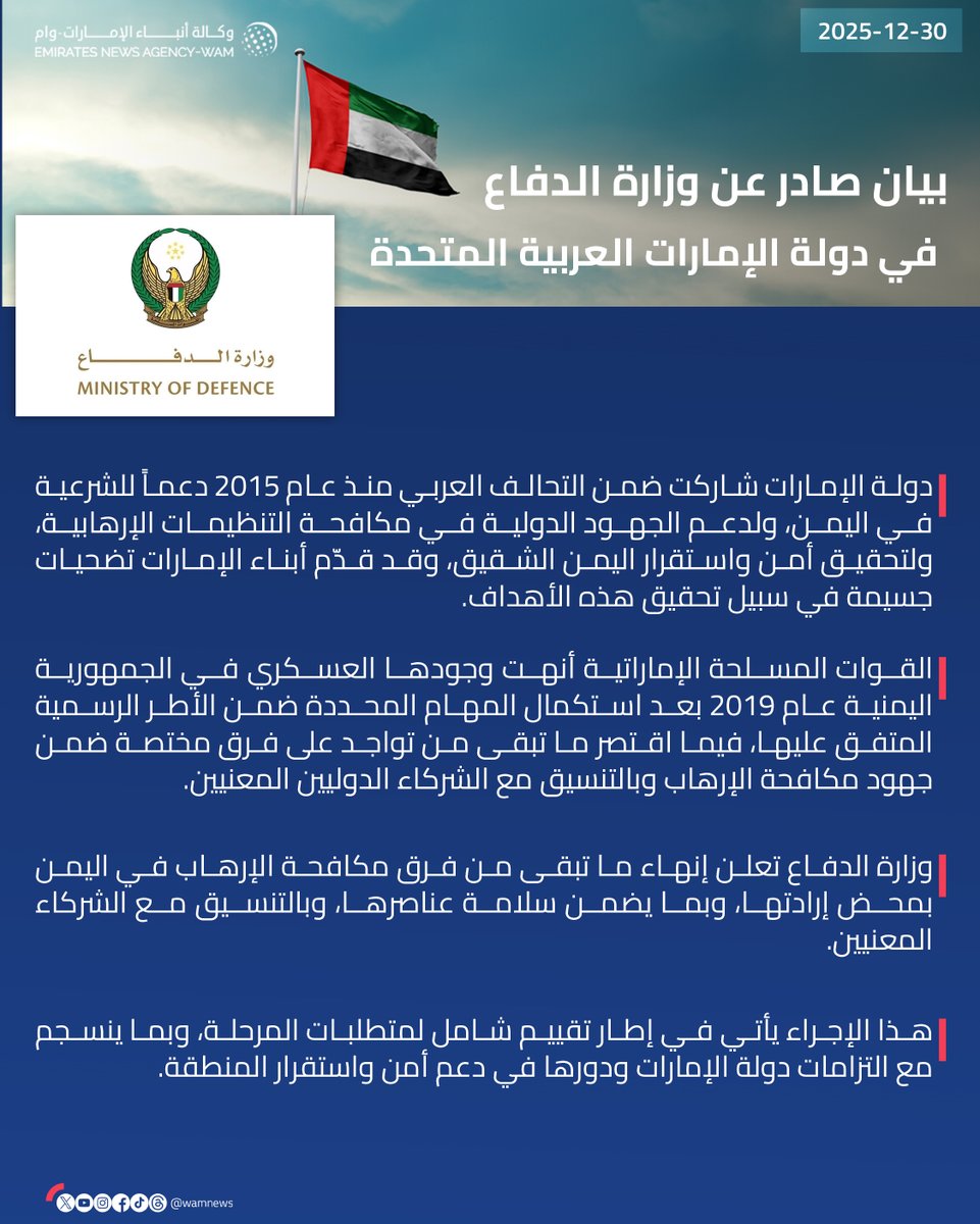 بيان صادر عن وزارة الدفاع في دولة الإمارات العربية المتحدة

#وام 

wam.ae/a/bnh2ssp