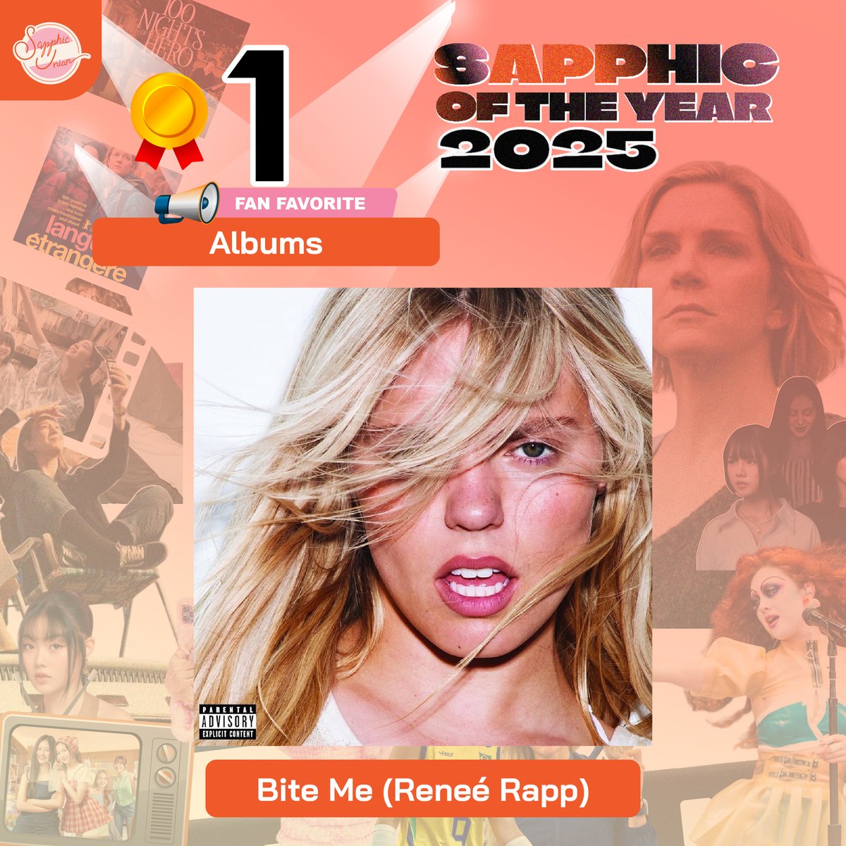 SapphicUnion's tweet photo. #SUFanFav2025
— หมวดอัลบั้มจากศิลปินแซฟฟิคสุดโปรด 2025 🎵

อันดับ 1 ได้แก่
Bite Me โดย Reneé Rapp https://t.co/XRewHF2M2Z